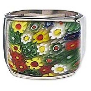 MILLEFIORI GLASS RING, SIZE 8, MULTICOLOURED, STAINLESS STEEL SHANK, 18mm WIDE,